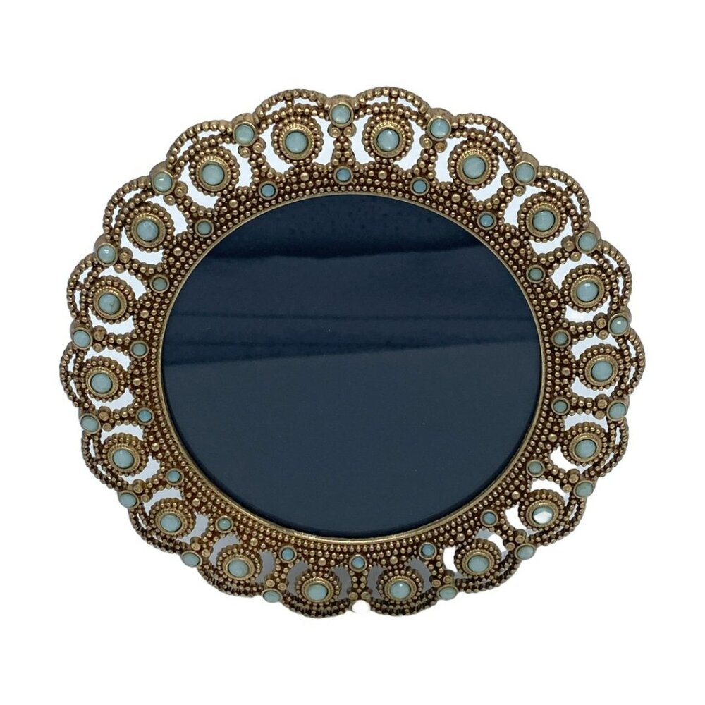 VTG (?) Ornate Gold Tone Metal & Faux Jade "Stone" Circular Frame Asian Flair